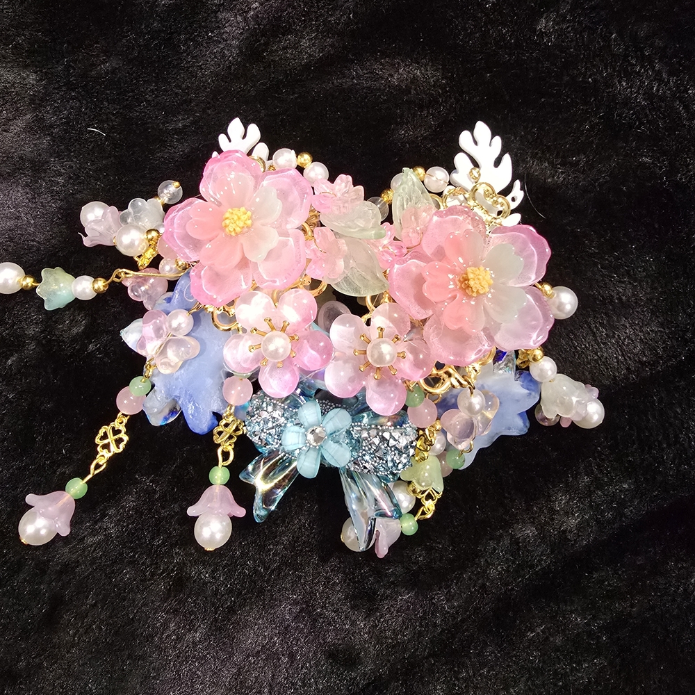 Floral Cresent Moon Bead with Pink and Blue Accents